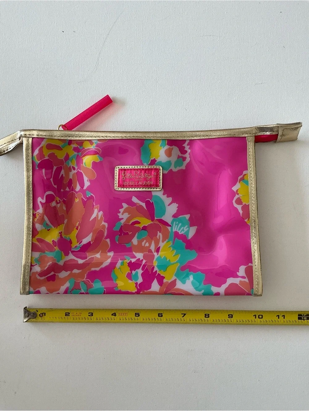 Lilly Pulitzer Hot Pink Floral Vinyl Pouch with Gold Trim
